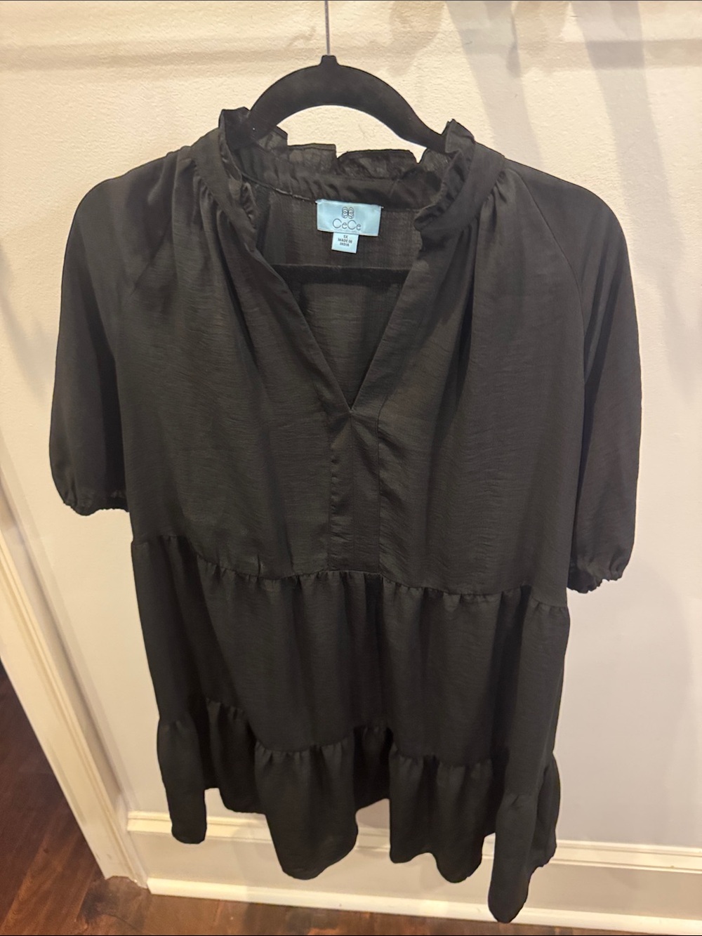 CeCe Black Ruffle-Neck Tiered Tunic Top